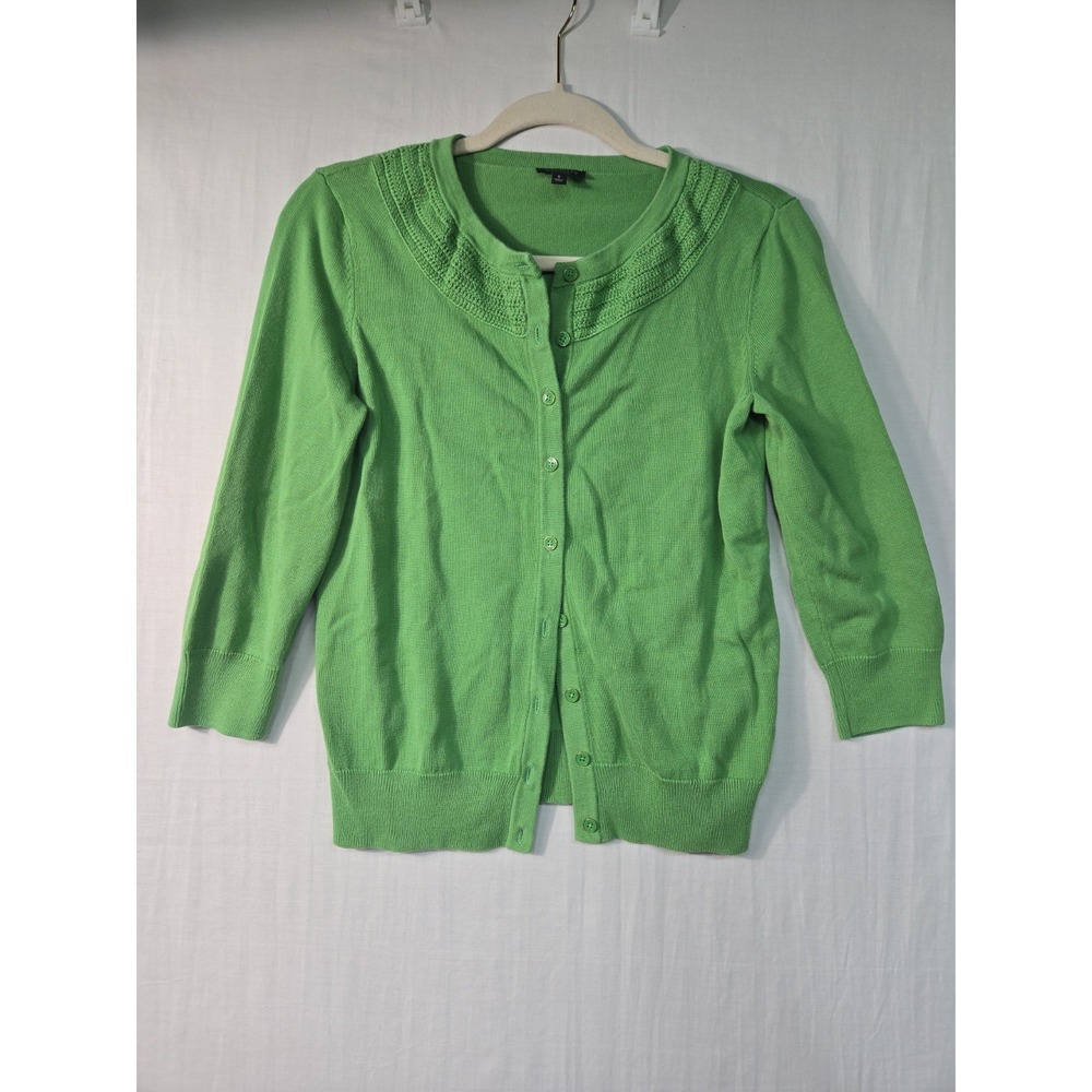 Talbots Women's Small Green Button Up Cardigan Crochet 3/4 Sleeves Cotton Rayon